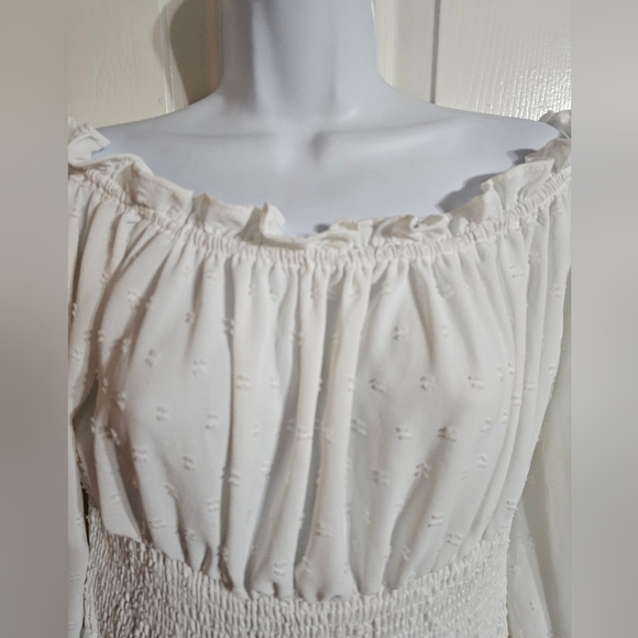 Women’s White Off Shoulder Smocked Waist Tiered Ruffle Mini Dress Size Large Y2K - Picture 3 of 7